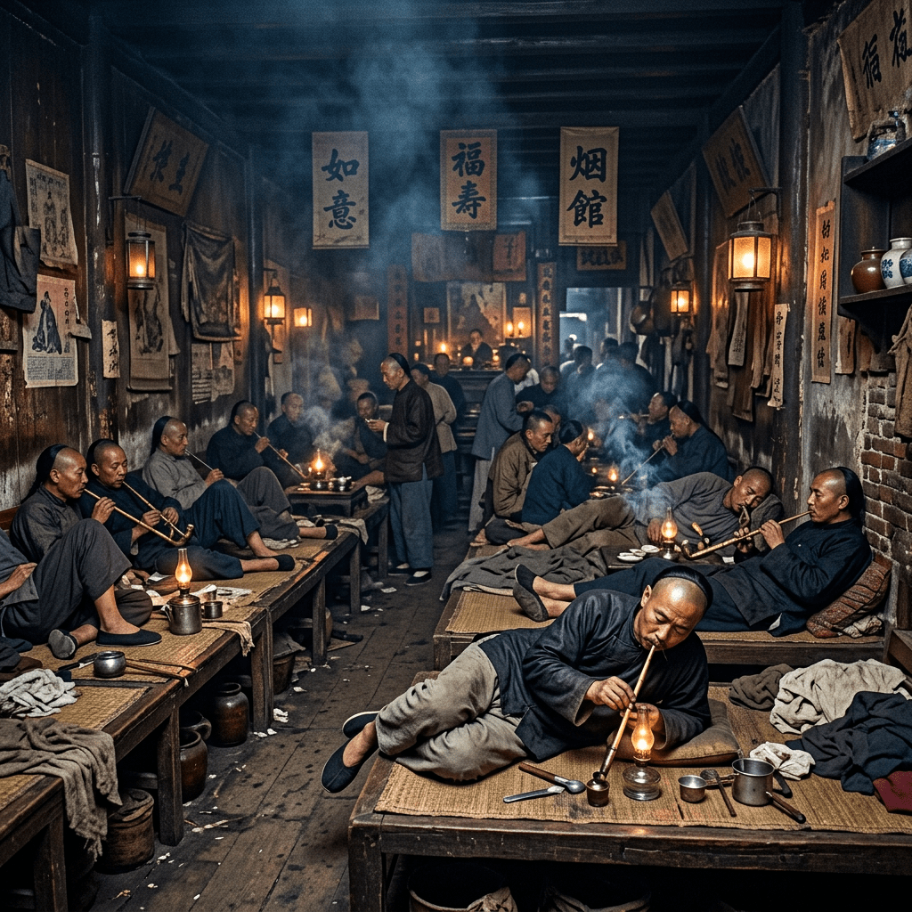 Men smoking pipes and relaxing inside a traditional Chinese opium den with wooden benches and hanging lanterns.