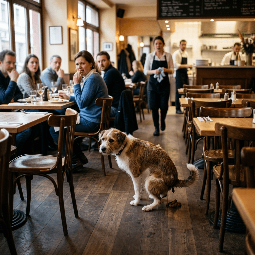 Dog defecating on restaurant floor while diners and staff look on in surprise