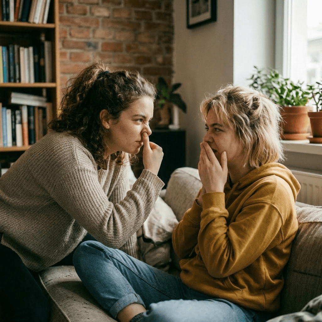 Two young women sitting on a couch smiling and laughing as one playfully touches the other's nose