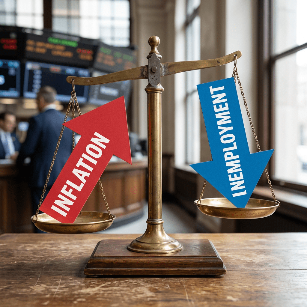 Scale with a red upward arrow labeled Inflation and a blue downward arrow labeled Unemployment