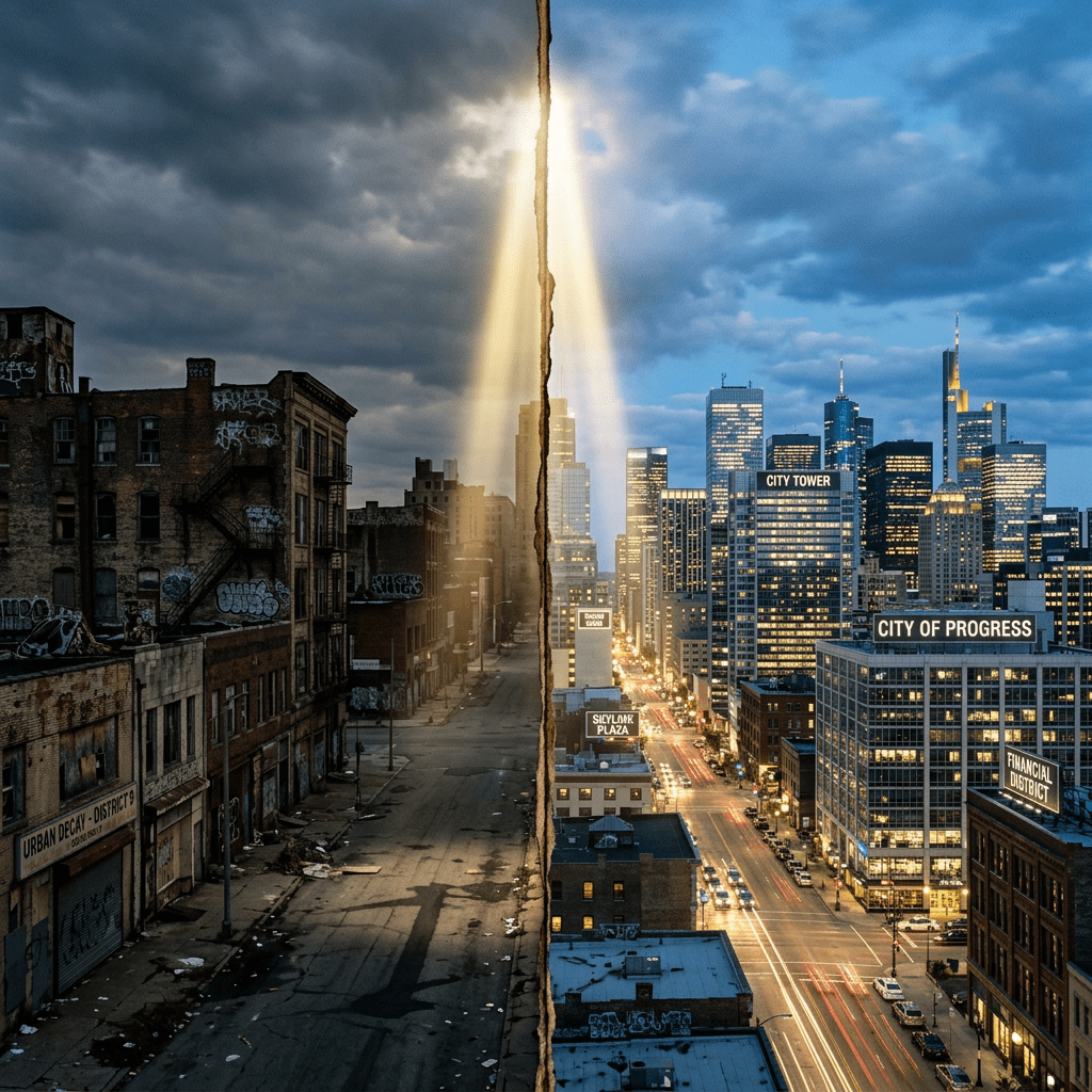 Split image showing abandoned urban decay on the left and bright, busy modern city on the right