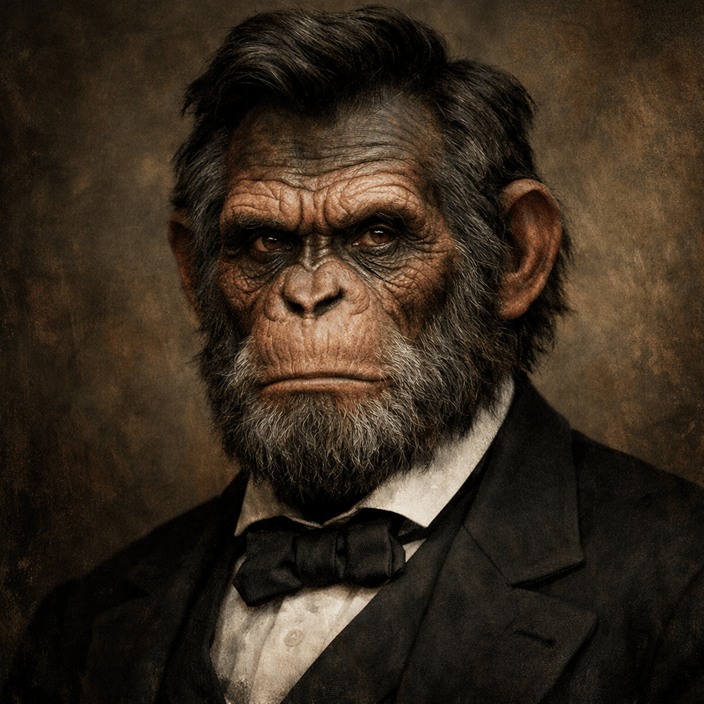 Portrait of a chimpanzee wearing a black suit and bow tie with a serious expression