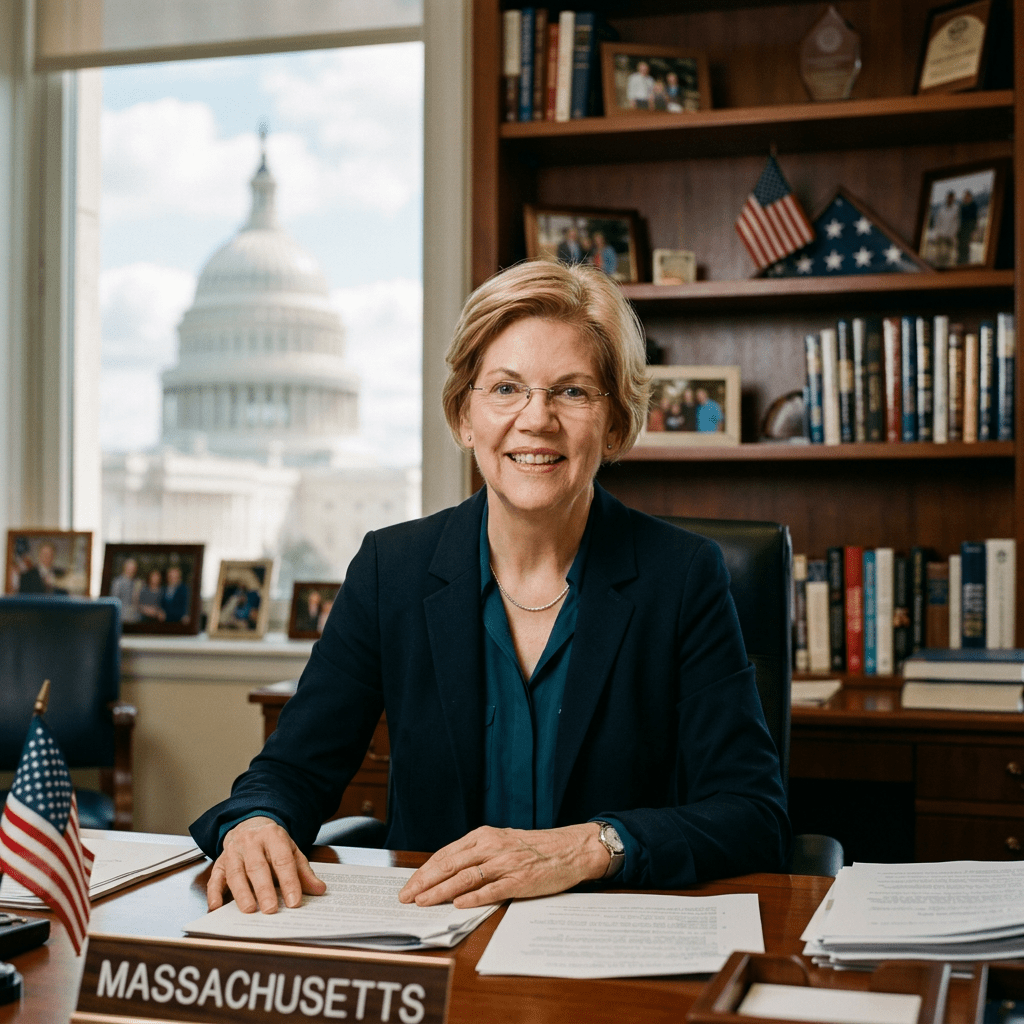 Senator at desk with U.S. Capitol visible through window