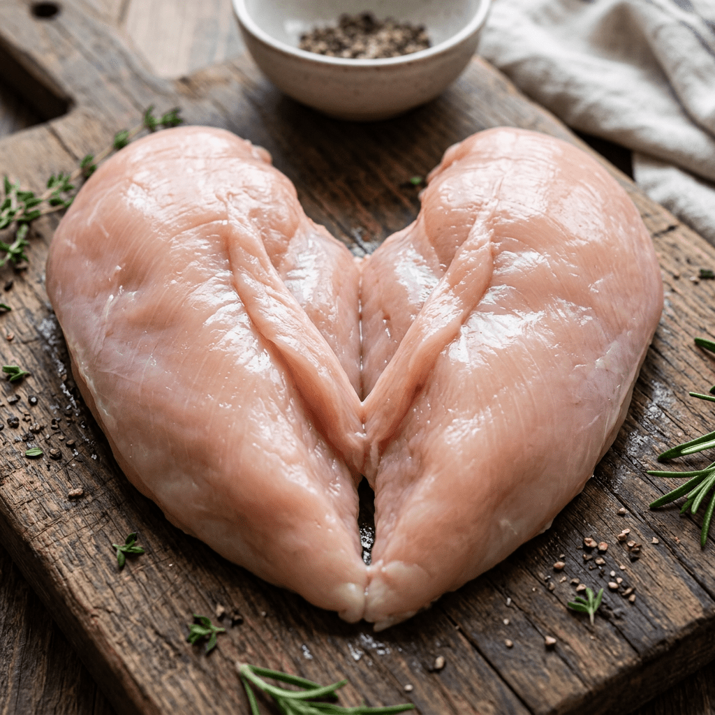 Two raw chicken breasts on a wooden cutting board with herbs and pepper