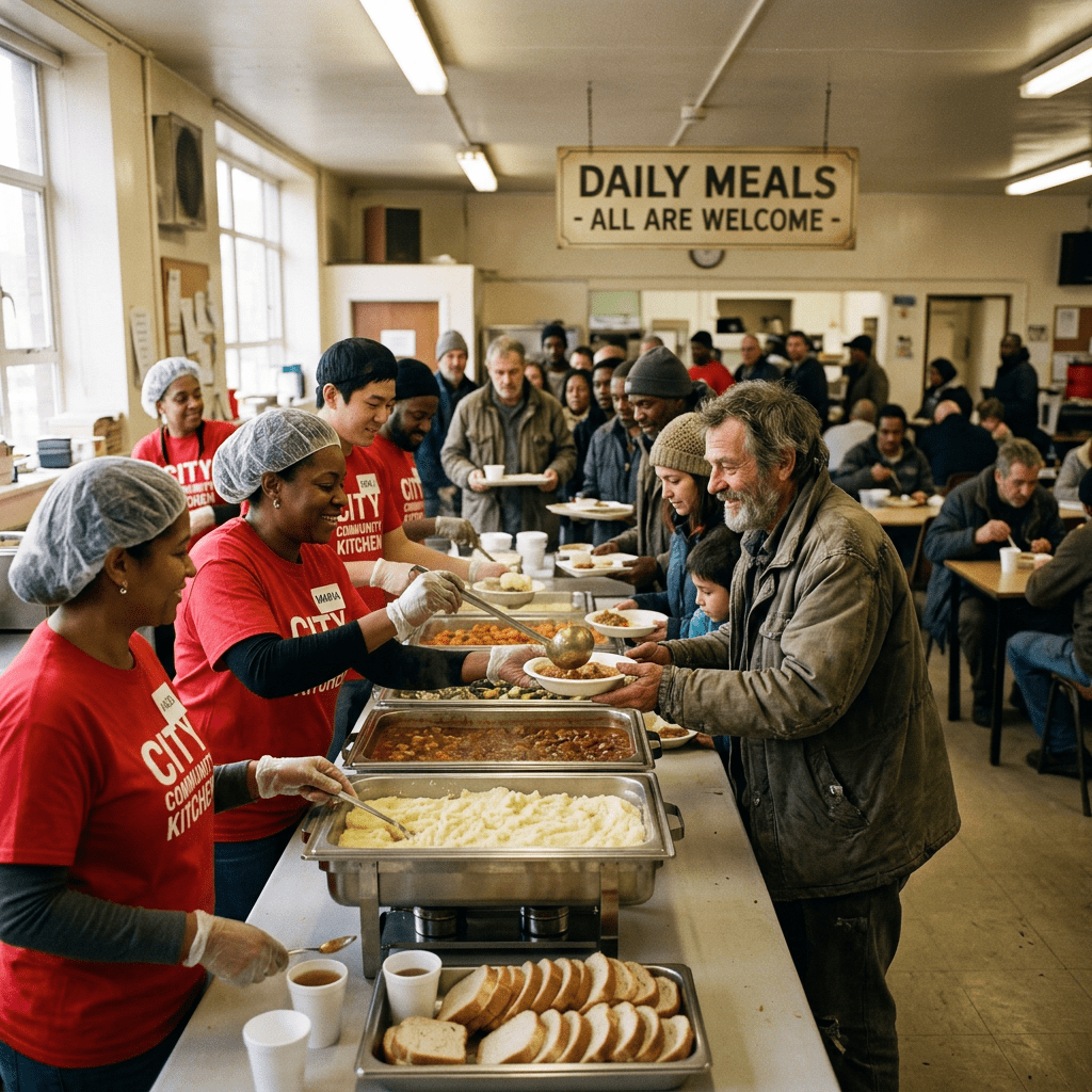 Volunteers serving food to people in line at a community meal center