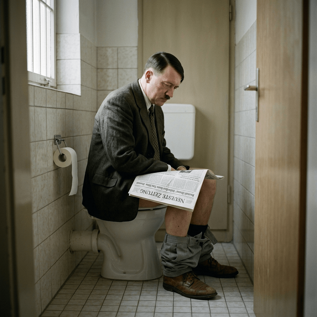 Man in vintage suit sitting on toilet reading a newspaper
