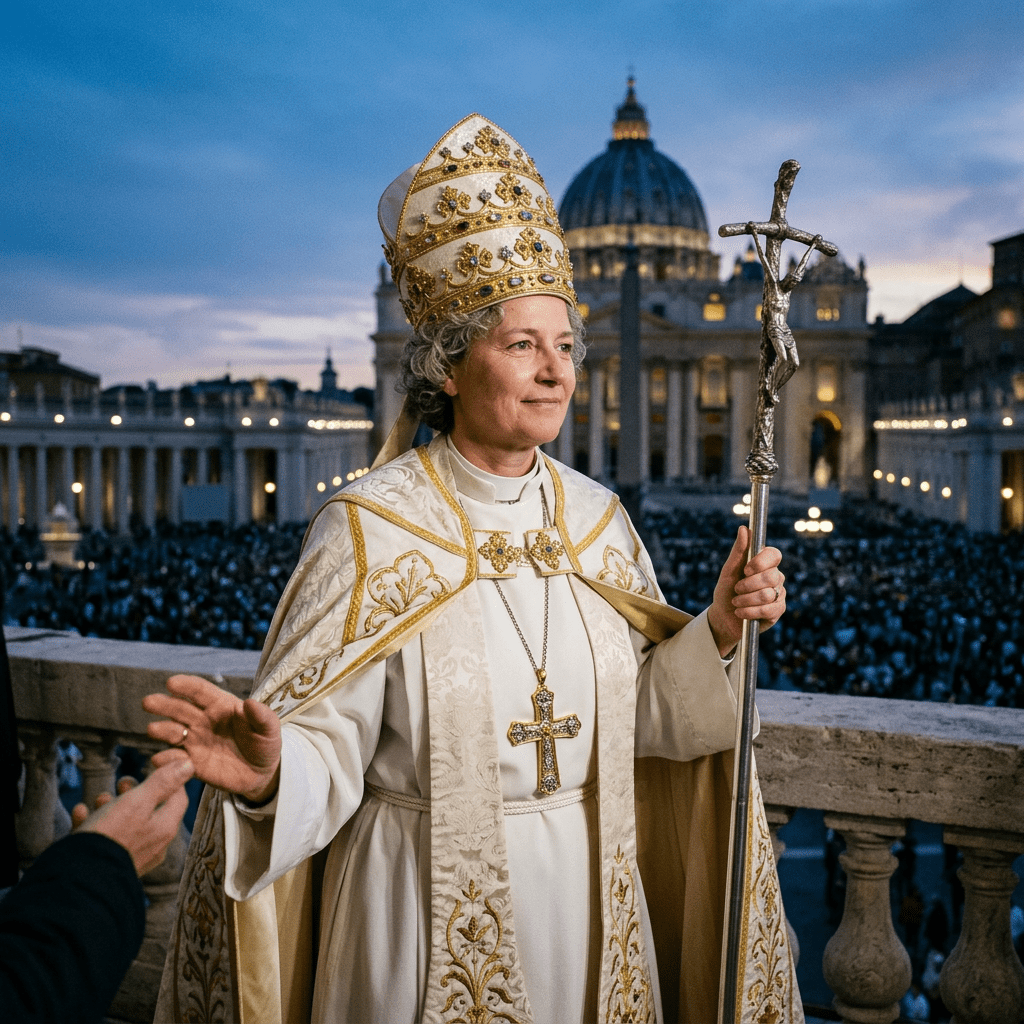 Woman dressed as a pope in ornate robes and mitre holding a staff at St. Peter's Basilica