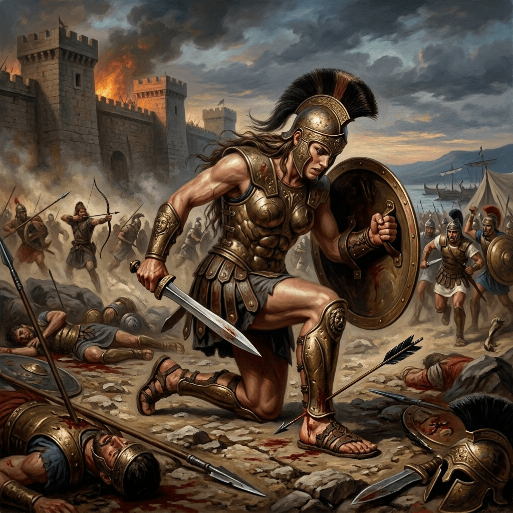 Greek warrior in bronze armor kneeling with sword and shield during a battle near a fortress