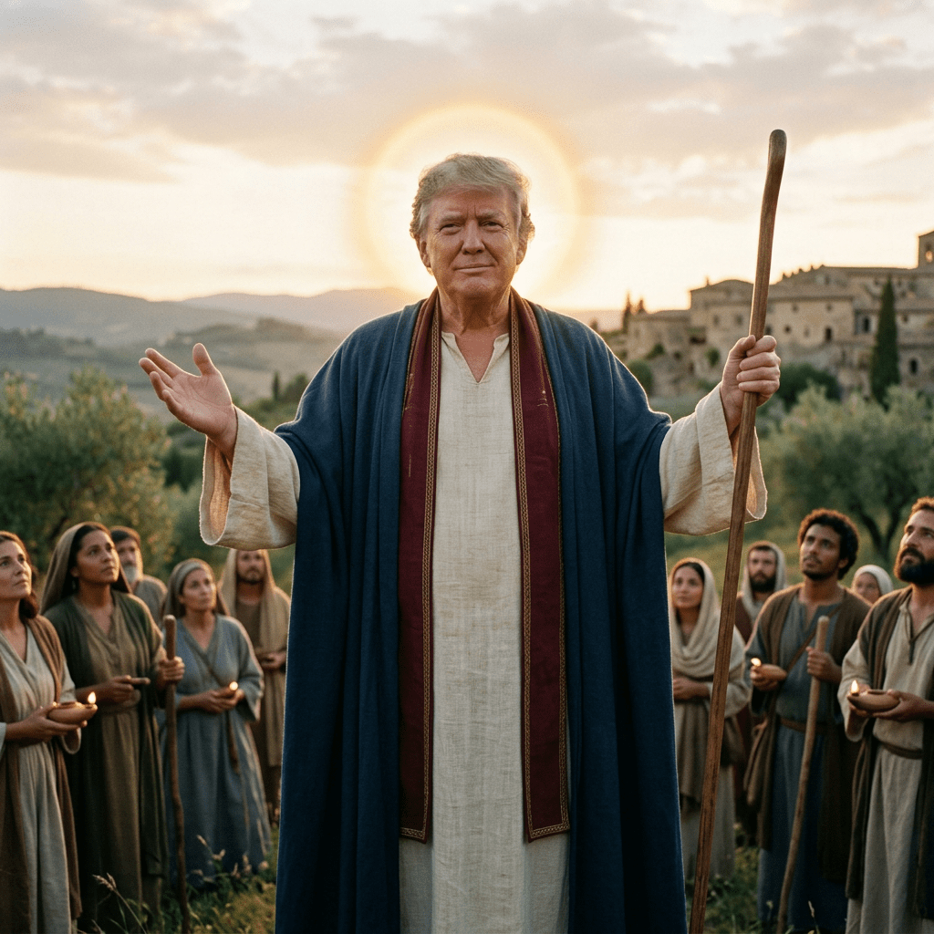 Man dressed in traditional robes with a glowing halo, holding a staff, surrounded by followers holding candles outdoors