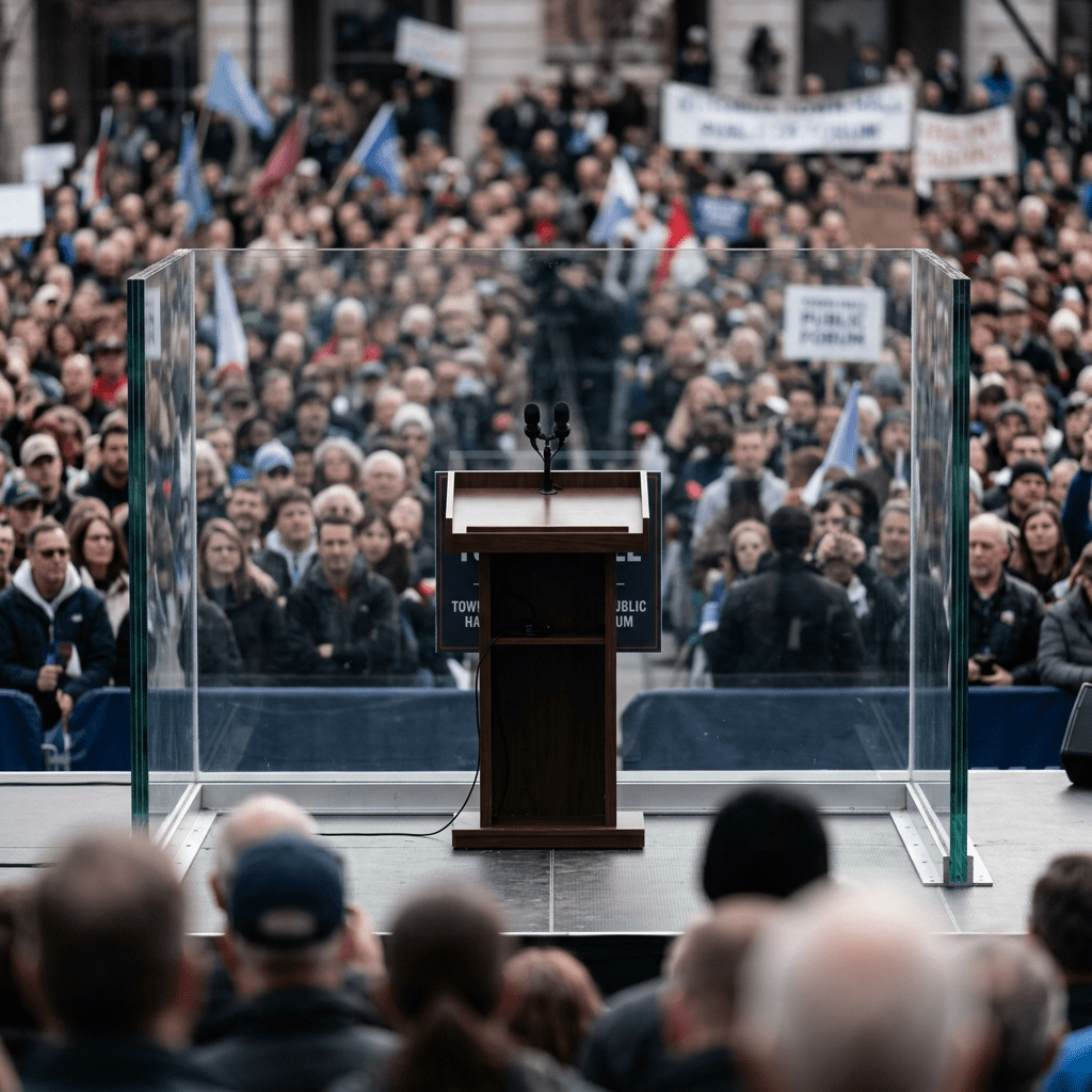 Empty wooden podium with microphones behind a glass shield facing a large crowd of people at a rally.