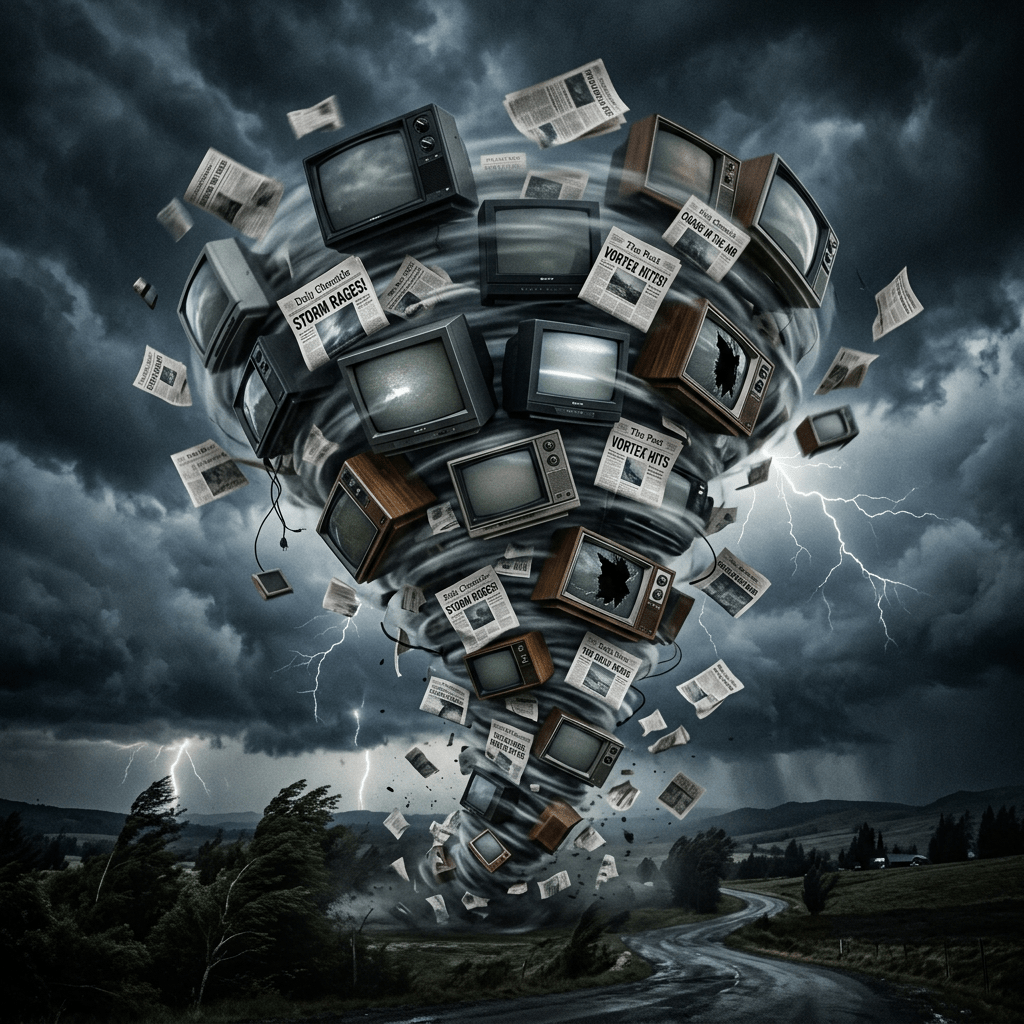 Tornado made of vintage TVs and newspapers swirling under dark storm clouds with lightning