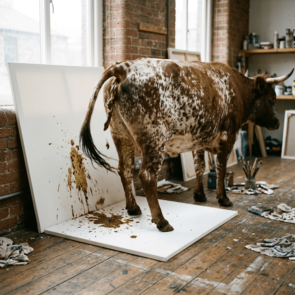A brown and white speckled cow defecating on a blank artist's canvas inside a studio
