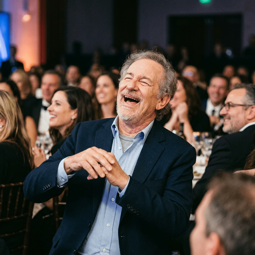 Older man in blazer laughing with hands clasped at a formal event