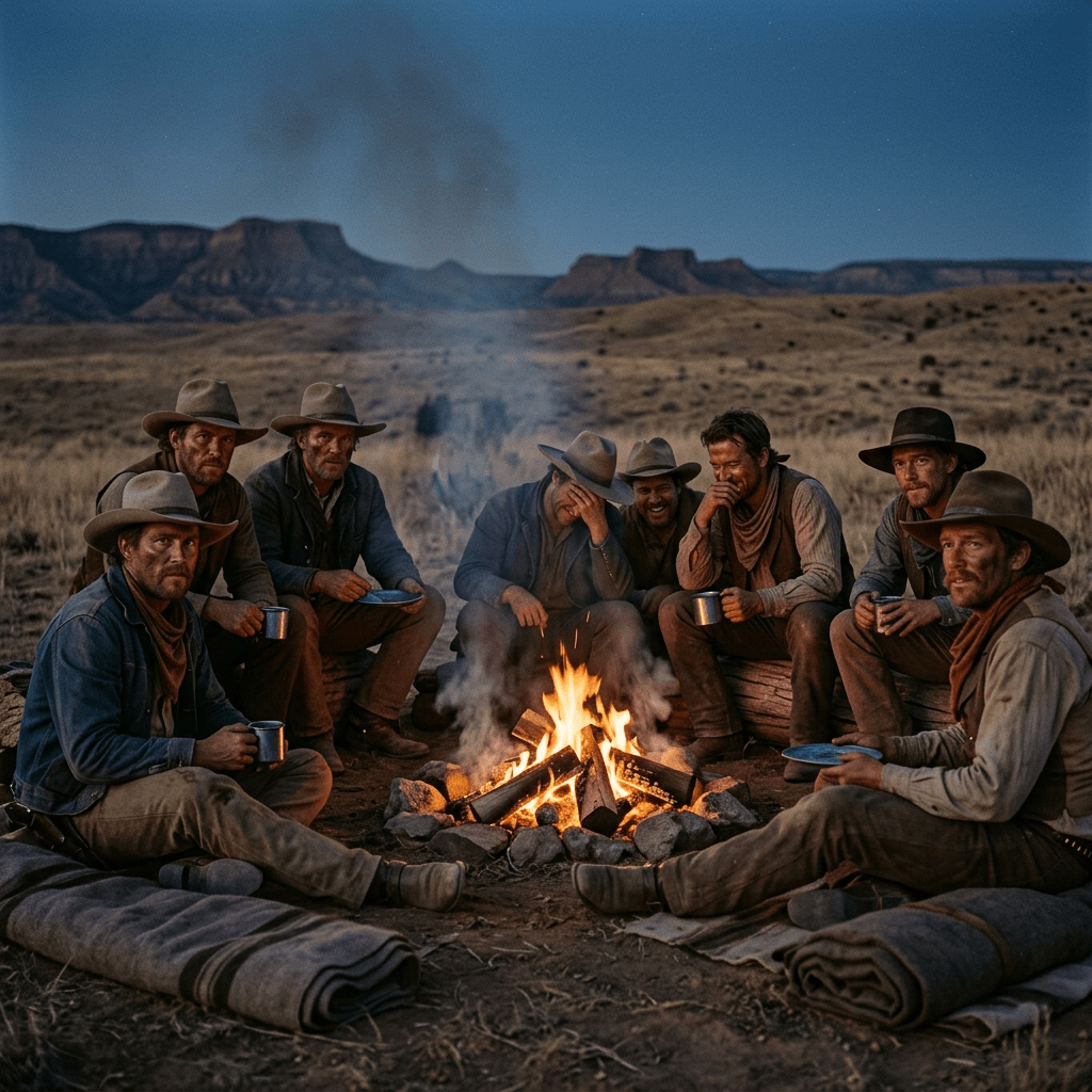 Seven cowboys sitting around a campfire in the evening with metal mugs and plates