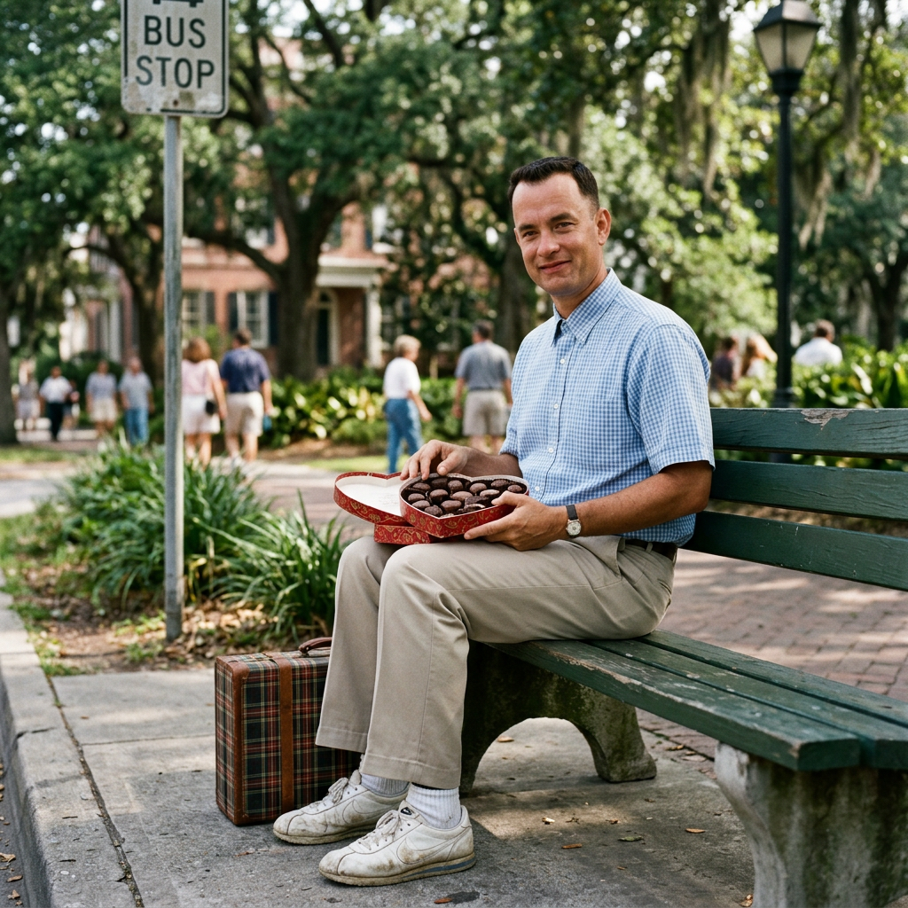 Man sitting on bench at bus stop holding heart-shaped box of chocolates