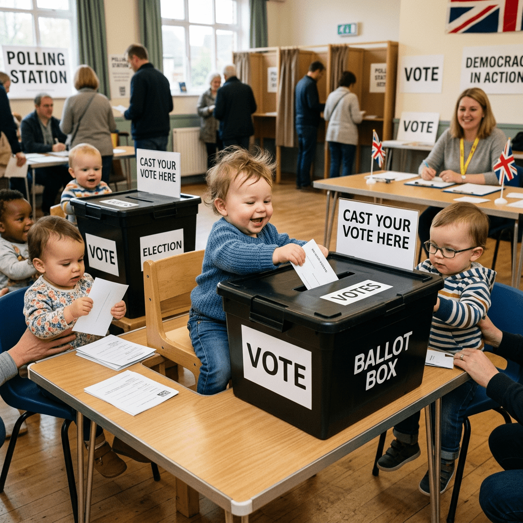 Toddlers casting votes in ballot boxes during a mock election event