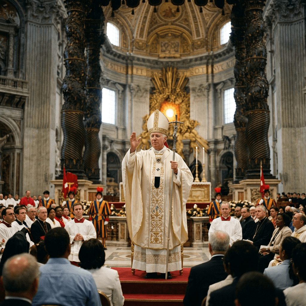 Pope in white vestments holding pastoral staff and giving blessing before seated congregation