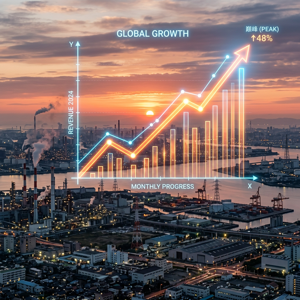 Graph overlay showing monthly progress and revenue growth with a peak increase of 48% over industrial city at sunset