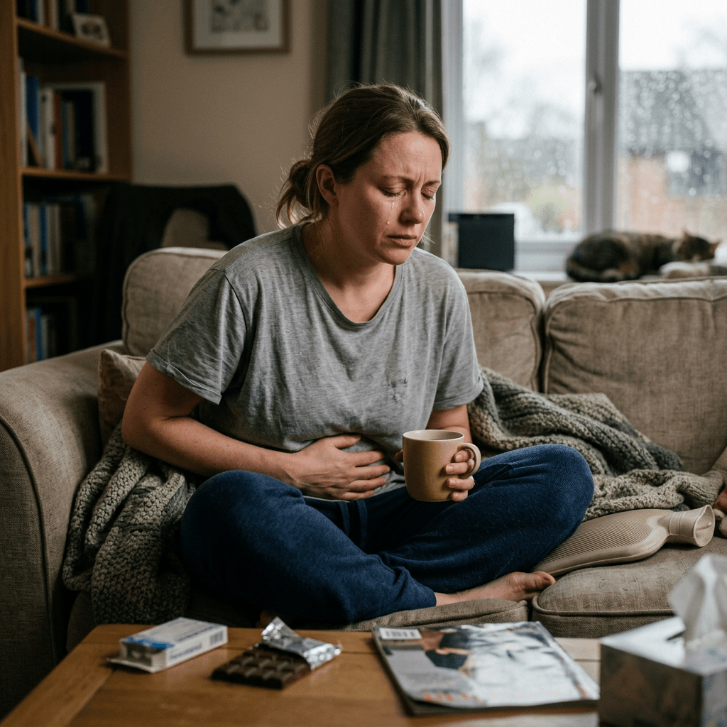 Woman holding stomach in pain, sitting on couch with mug, tissues, and chocolate nearby