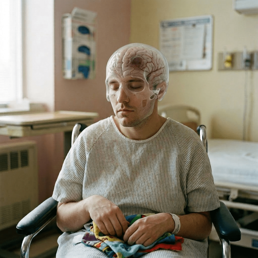 Patient in hospital wheelchair with eyes closed holding colorful blanket