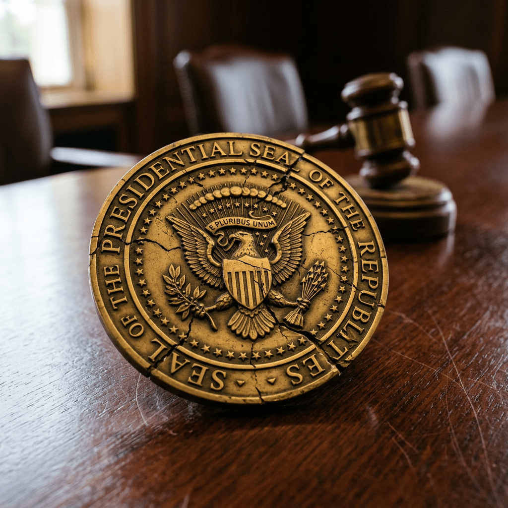 Cracked Presidential Seal of the United States on wood table with judge's gavel