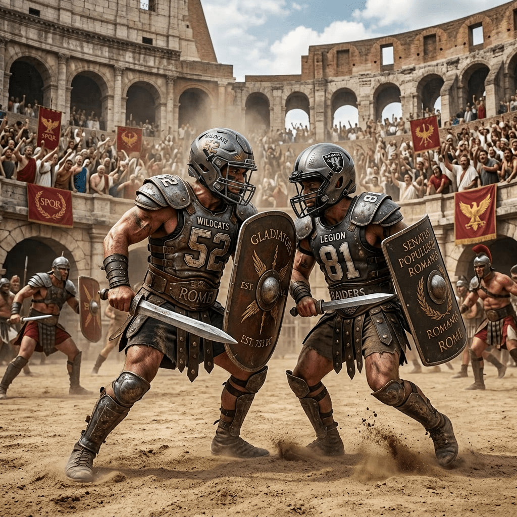 Two armed gladiators in detailed Roman armor fighting with swords and shields in the Colosseum arena
