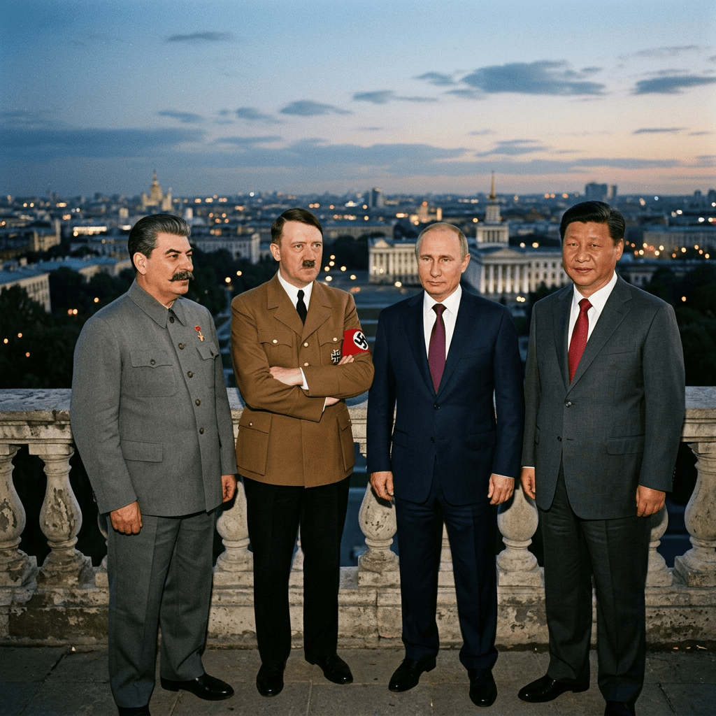 Joseph Stalin, Adolf Hitler, Vladimir Putin, and Xi Jinping standing together outdoors with city lights in the background at sunset