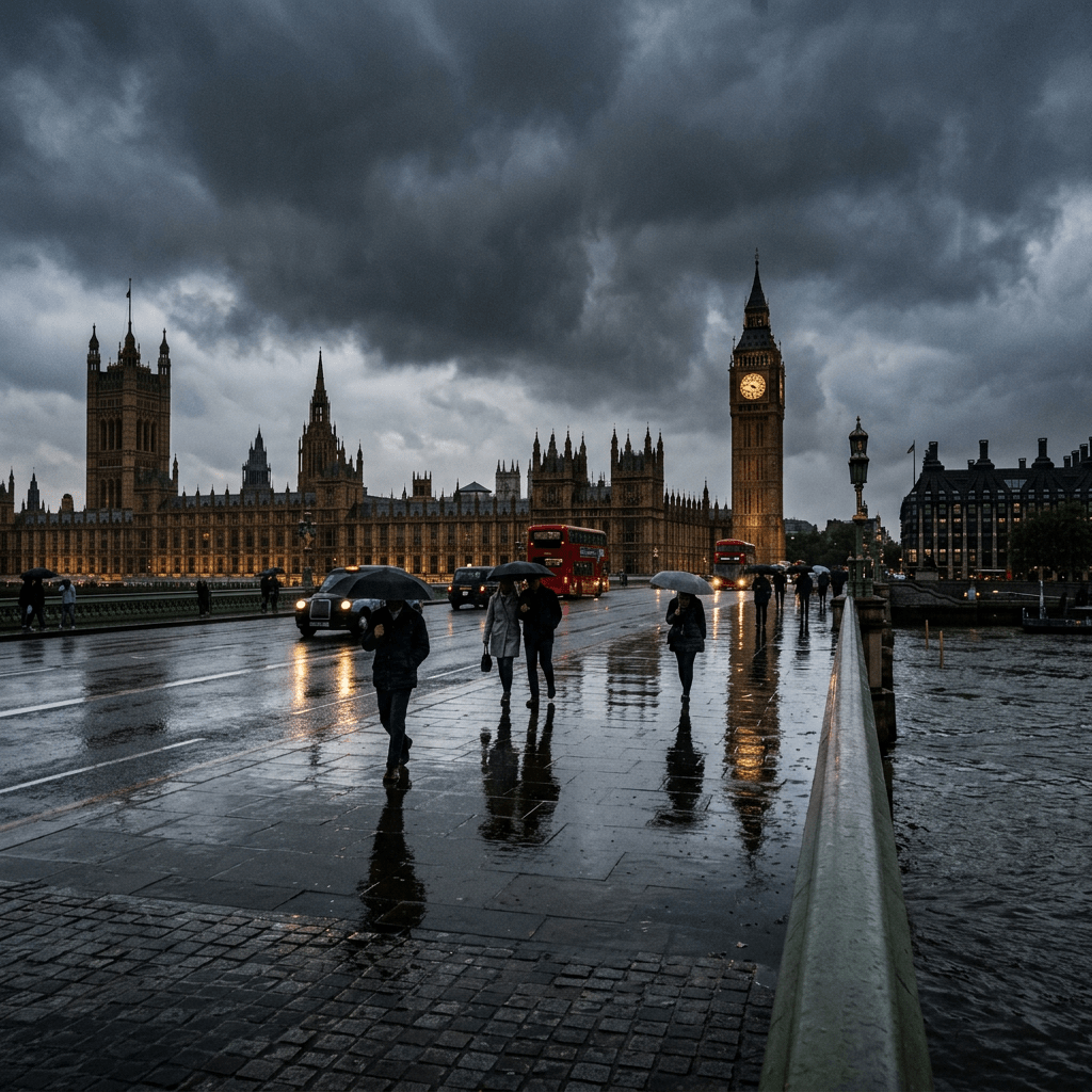 People walking with umbrellas on wet Westminster Bridge near Big Ben and the Houses of Parliament during rainy evening
