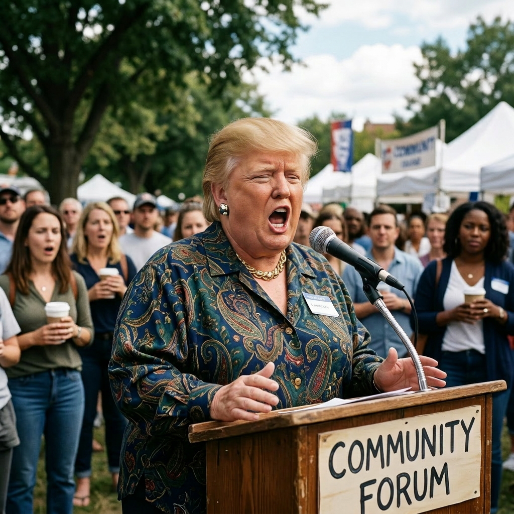 A woman speaking at a wooden podium labeled Community Forum with people gathered behind her outdoors.
