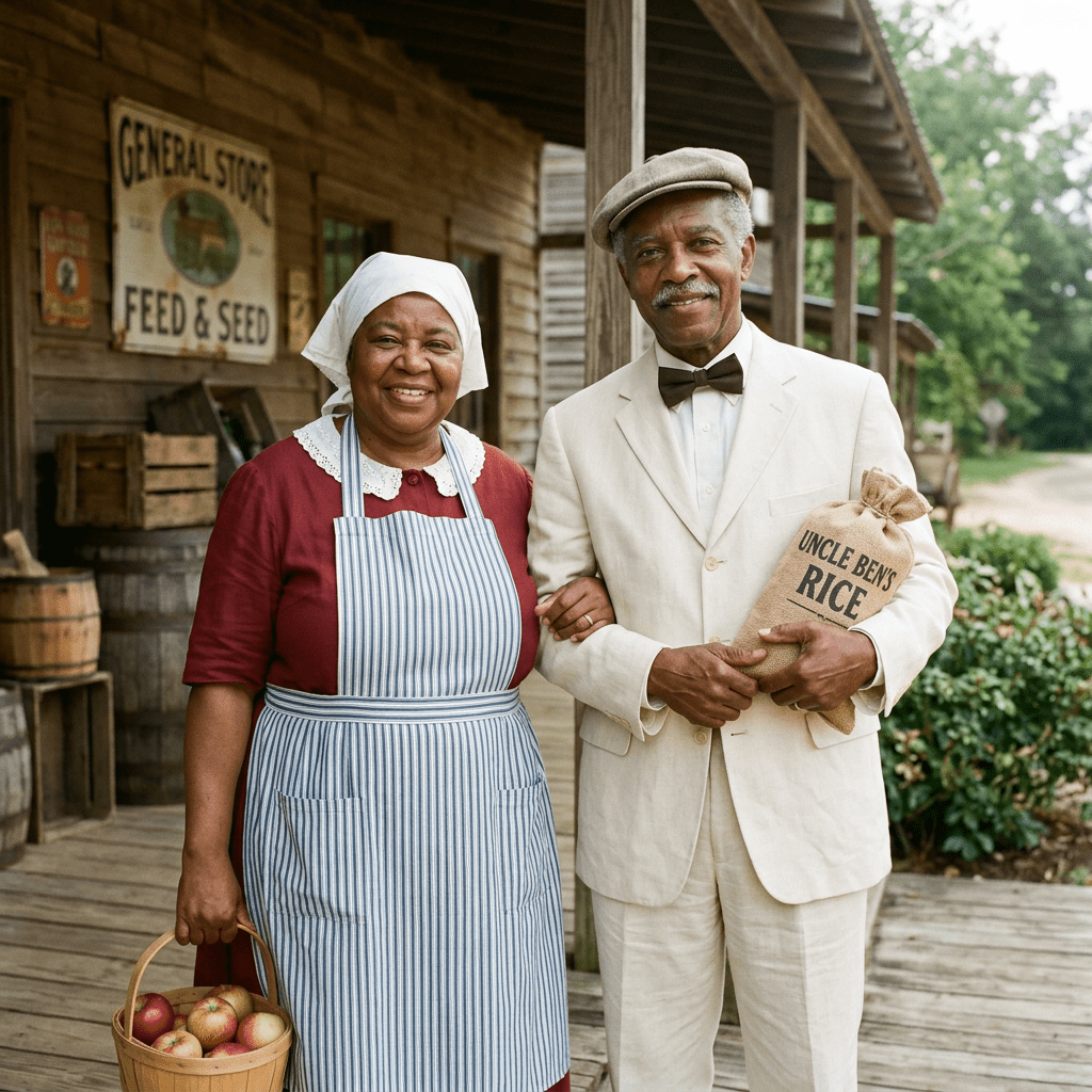 African American couple outside general store holding apples and rice bag