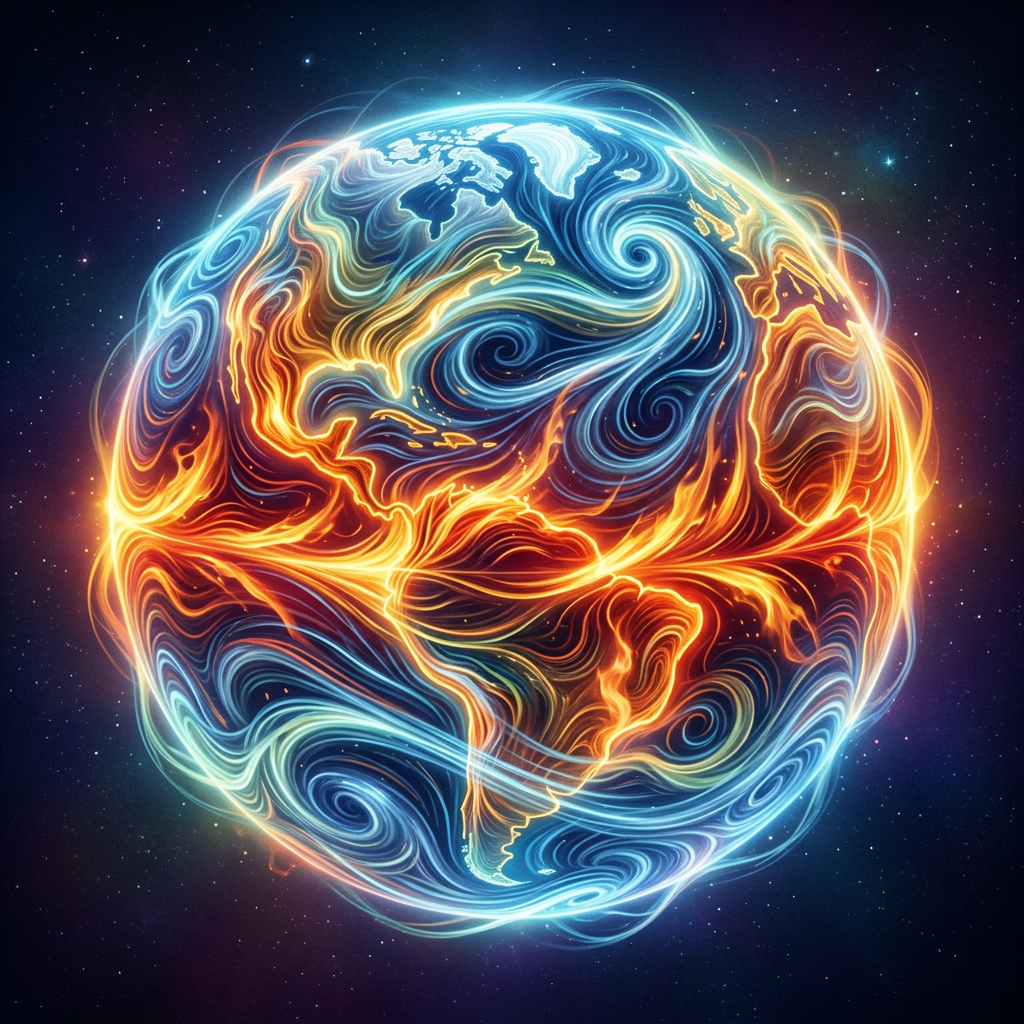 Earth with swirling orange and blue energy patterns representing heat and cold flows
