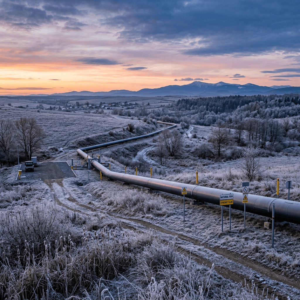 Natural gas pipeline running through frost-covered fields and trees in a rural area at sunrise