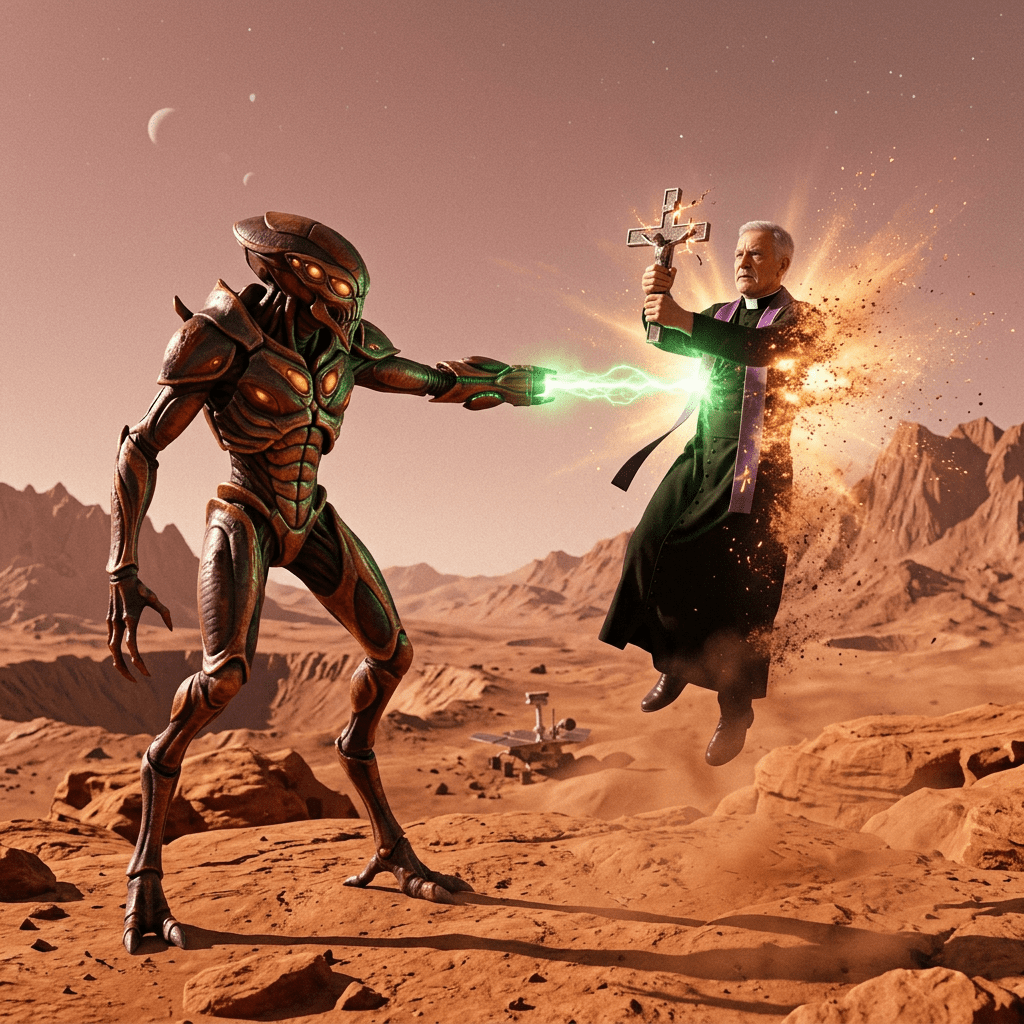Alien shooting green energy beam at priest holding crucifix on Mars