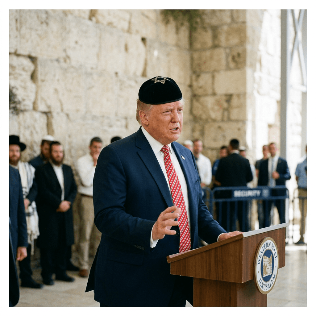 Man in suit and red tie speaking at podium with Western Wall Jerusalem emblem, wearing black kippah