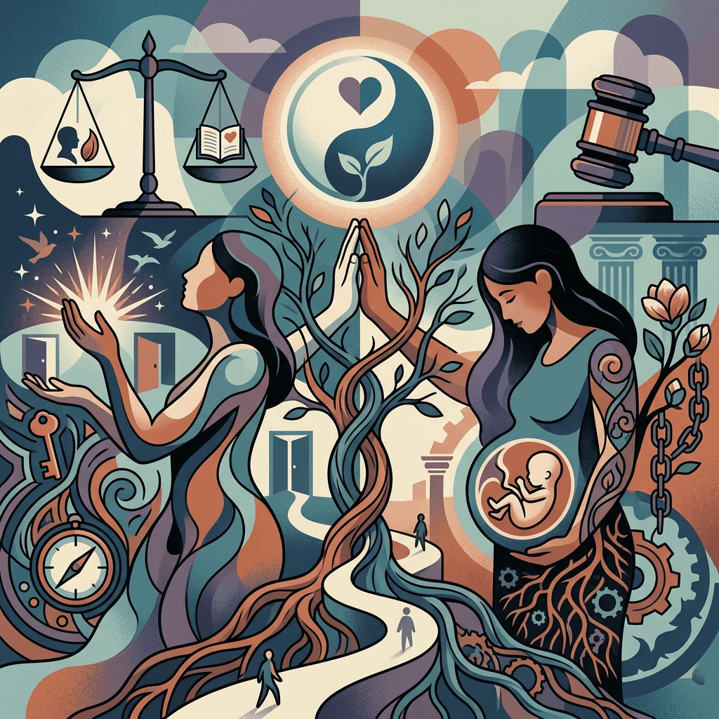Abstract illustration of two women connected by intertwining roots and paths, with symbols of justice, growth, and pregnancy