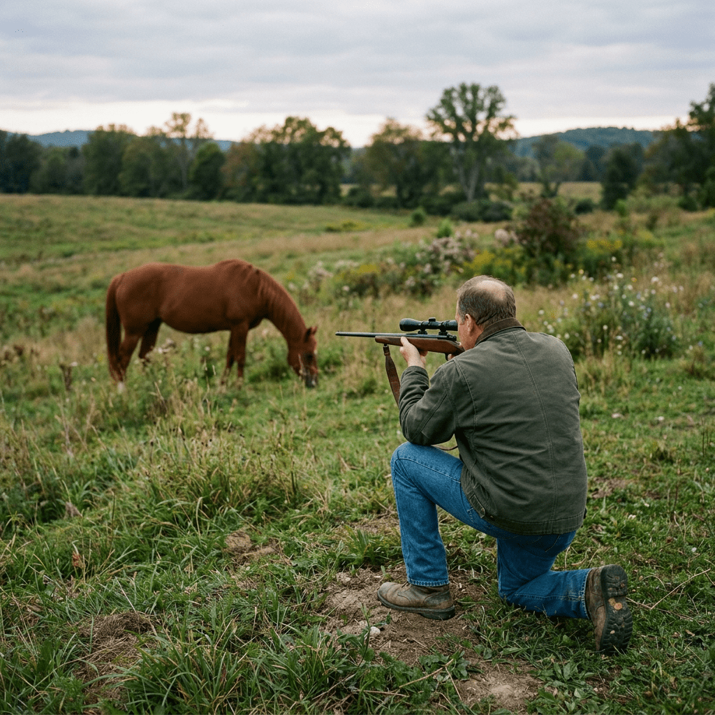 Man kneeling on one knee aiming a scoped rifle at a grazing horse in a grassy field