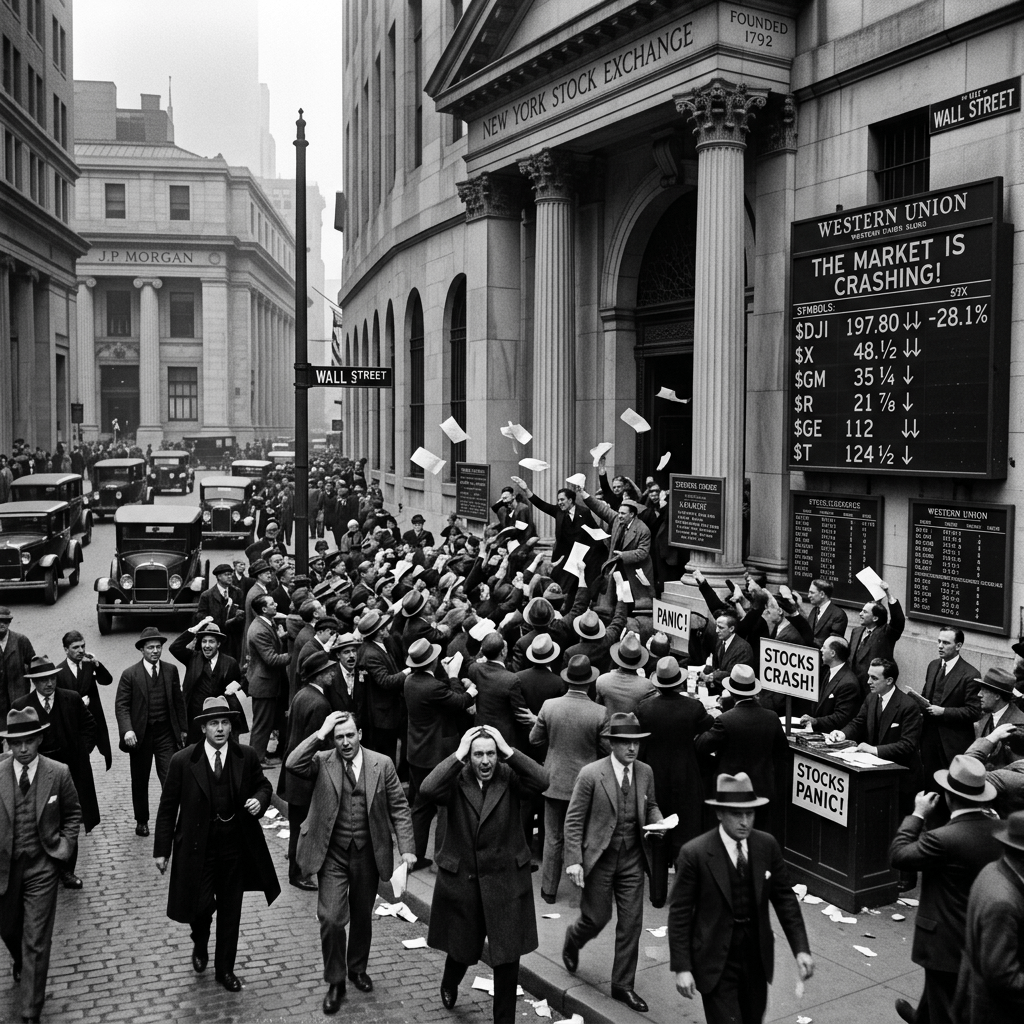 Crowded street scene at New York Stock Exchange with signs reading stocks crash and panic