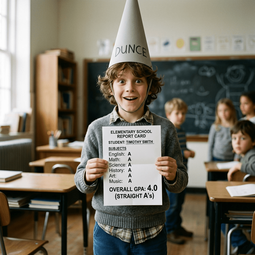 Boy wearing a dunce cap holding a report card with straight A grades in a classroom