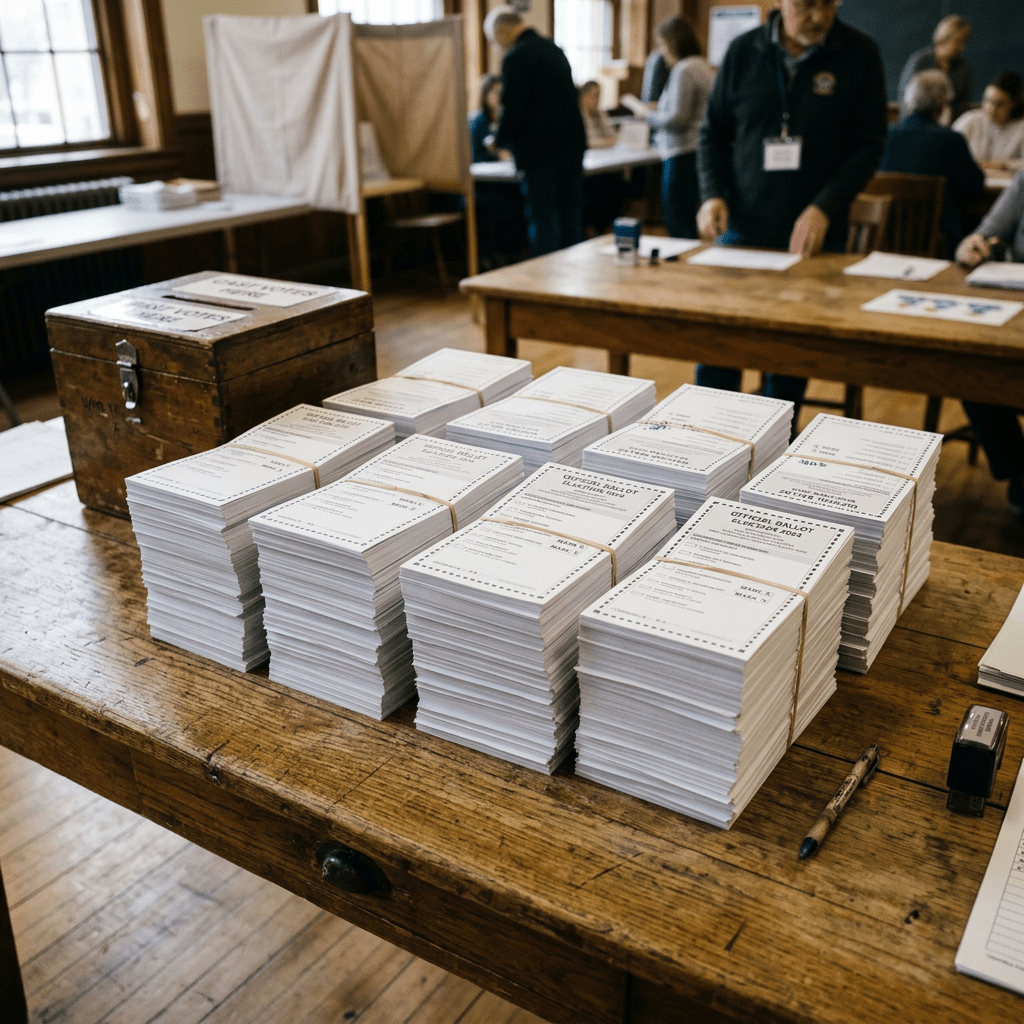 Stacks of official election ballots bundled on a wooden table in a polling station with voting materials and people in the background