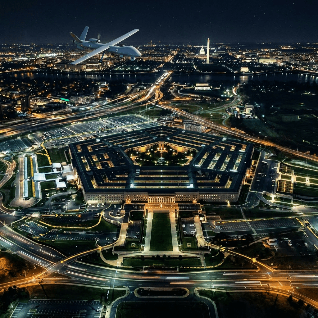 Night aerial view of Pentagon building with illuminated cityscape and digital data overlays