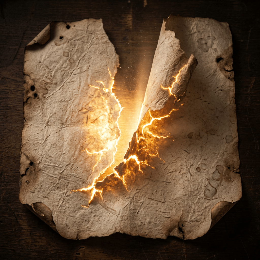 Old parchment paper tearing with glowing fiery cracks