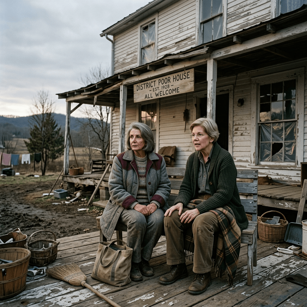 Two older women sitting on a wooden bench outside a weathered building with a sign reading 'District Poor House Est. 1928 All Welcome'