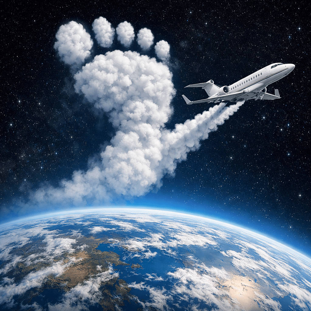 Airplane flying above Earth with a contrail forming a large footprint in the sky