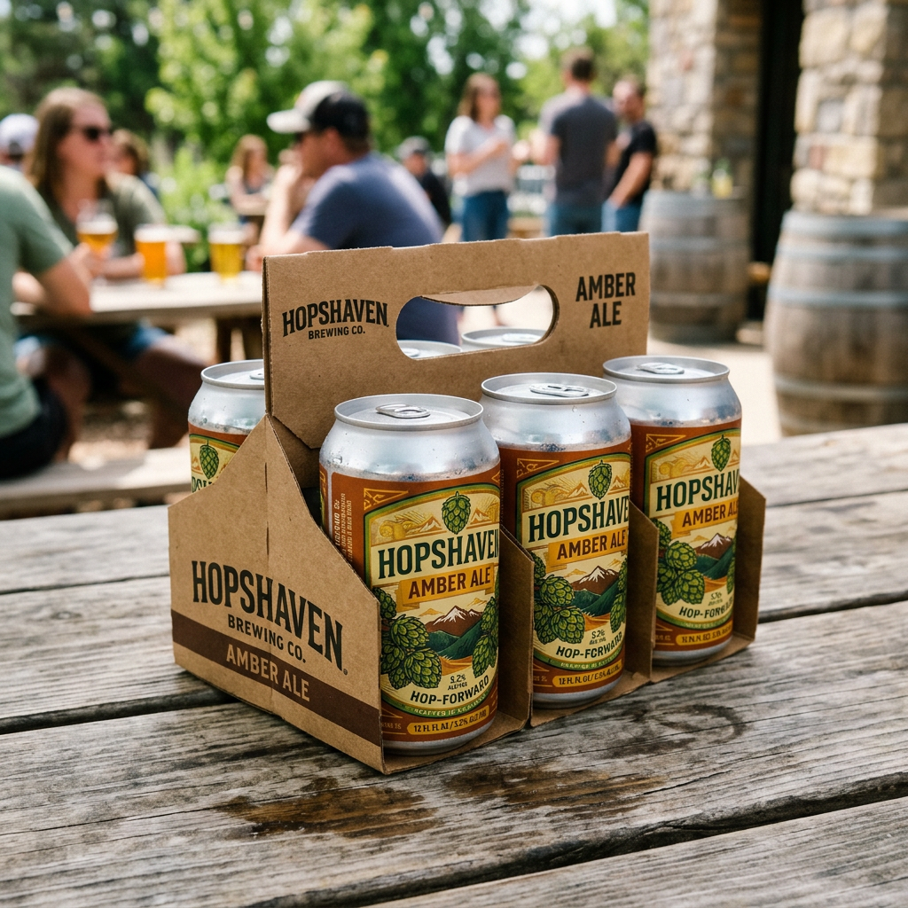 Six-pack of Hopshaven Amber Ale cans in cardboard carrier on wooden picnic table