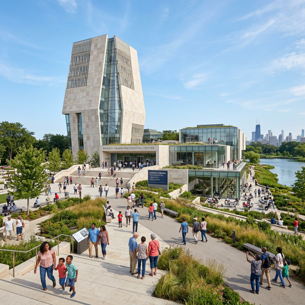 Barack Obama Presidential Center building with visitors walking around and green landscaping