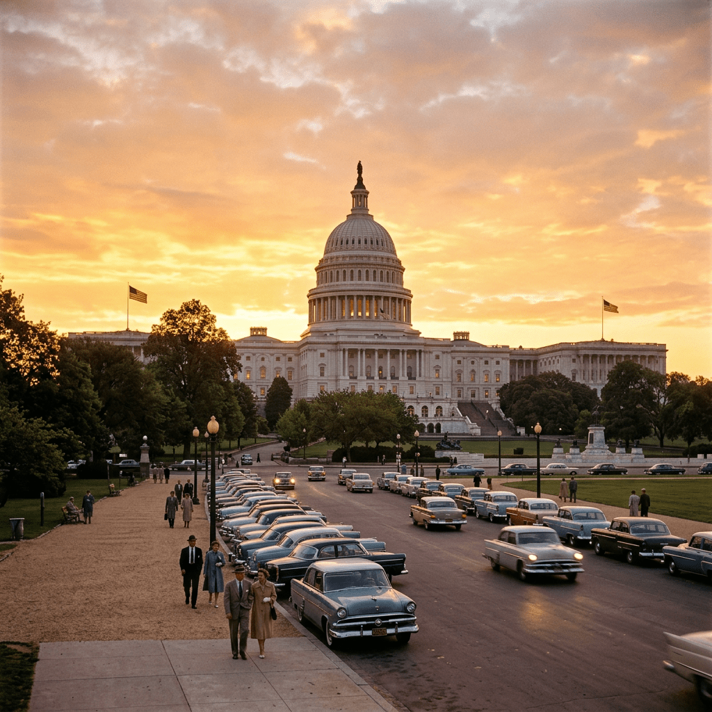 Vintage cars parked and driving near the US Capitol building at sunset