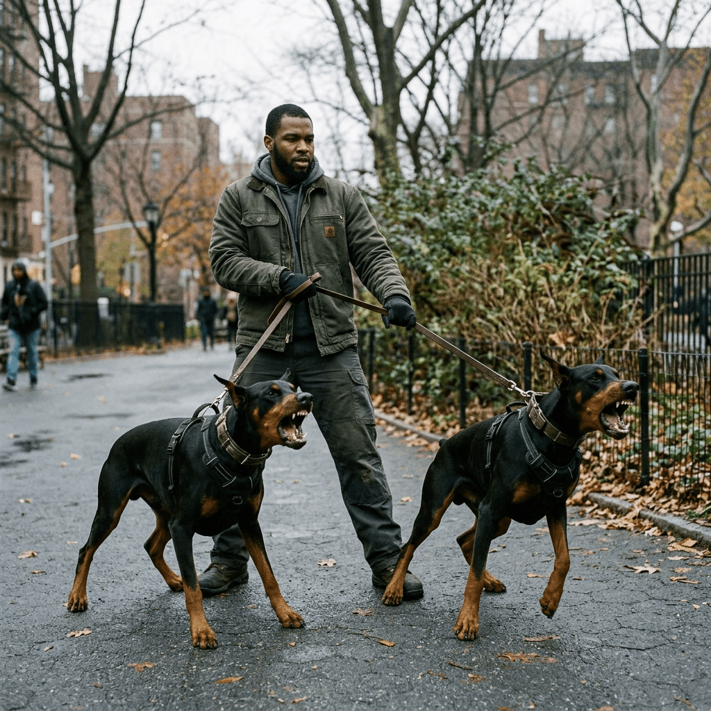 Man holding leashes of two barking Doberman dogs