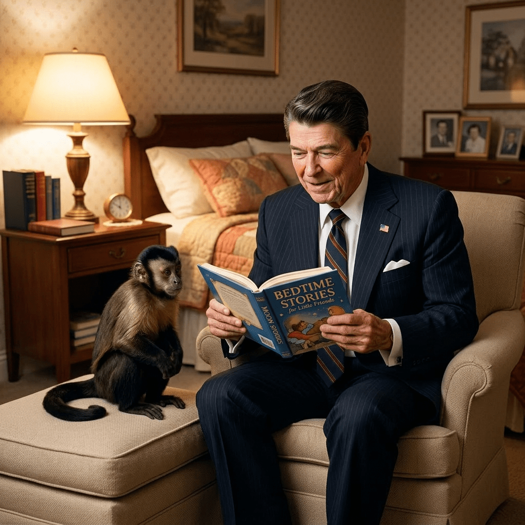 A man crouching and talking to a monkey holding a banana on a bench in a city park.