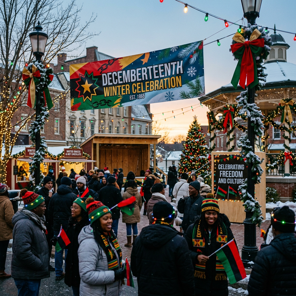 Outdoor Decembrenth Winter Celebration with people in winter clothing holding flags near decorated Christmas tree and banner