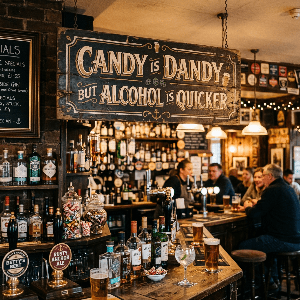 Wooden sign reading Candy is dandy but alcohol is quicker hanging over a pub bar with drinks and people
